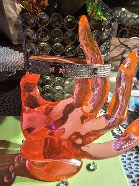 Chanel Crystal-Accent Logo Bangle in Silver